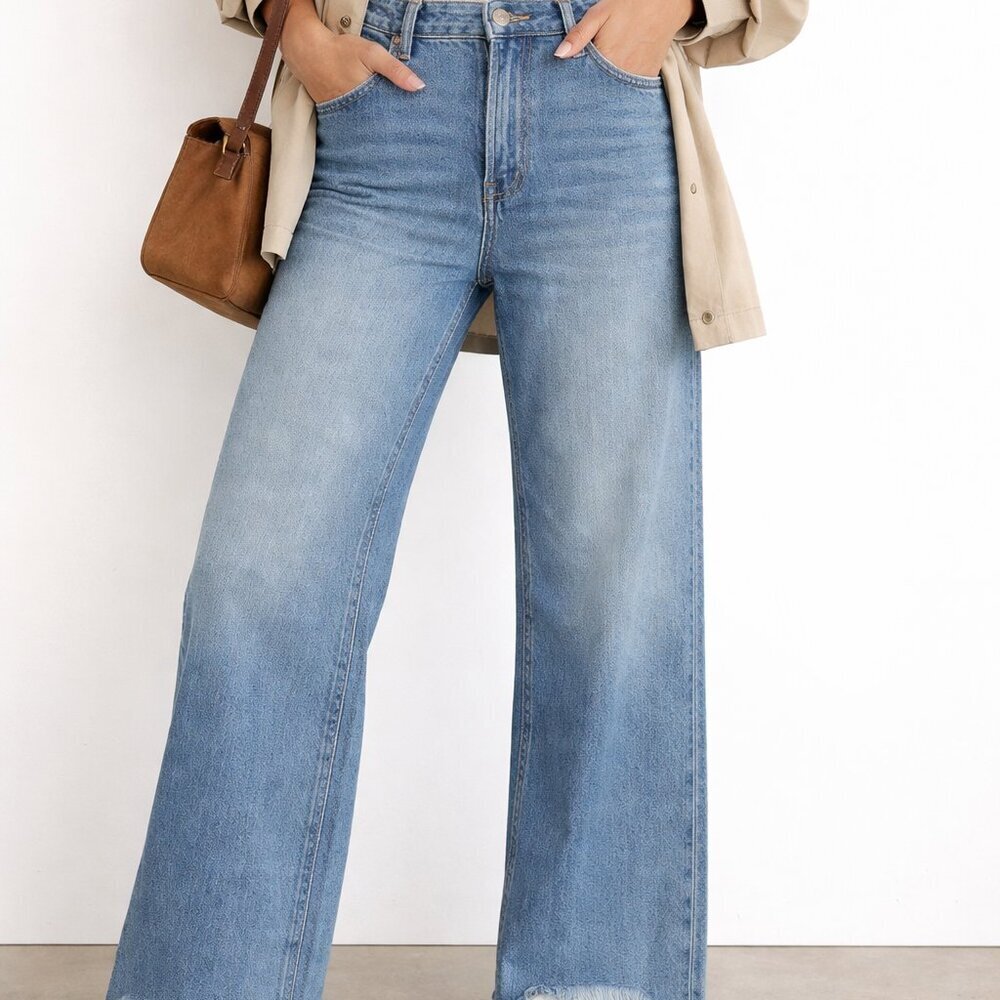 We The Free Button Fly Jeans Wide Leg Distressed Raw Hem Boho Denim Size 31